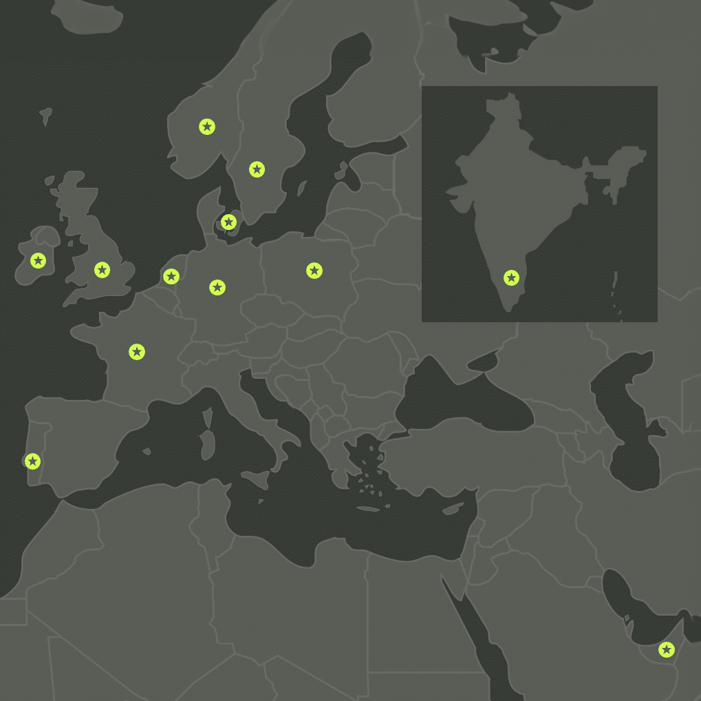 kart over land emagine har kontor i Europa, India og Arabiske Emirater